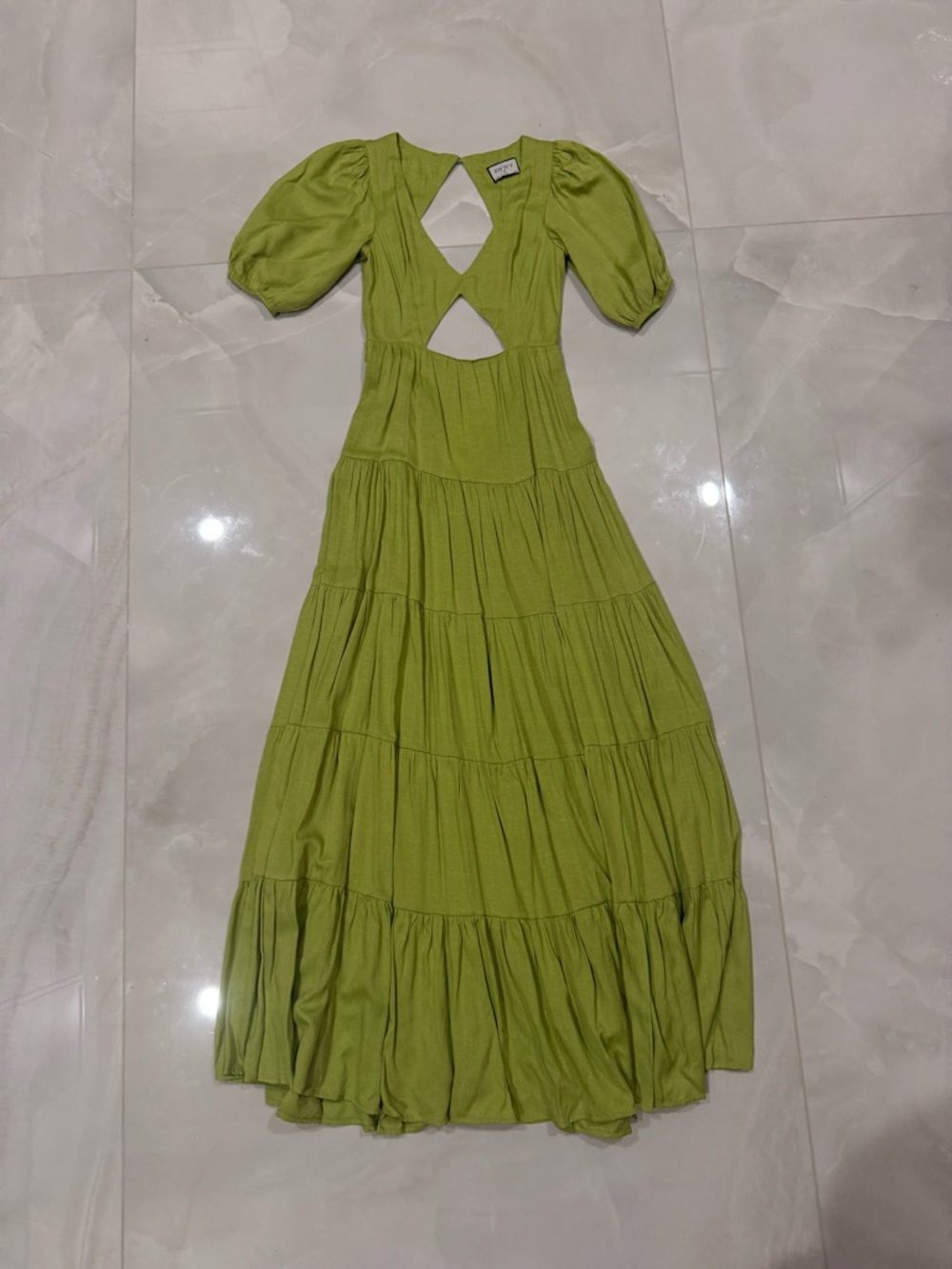 RNWY Puff-Sleeve Cutout Tiered Maxi Dress — Lime Green